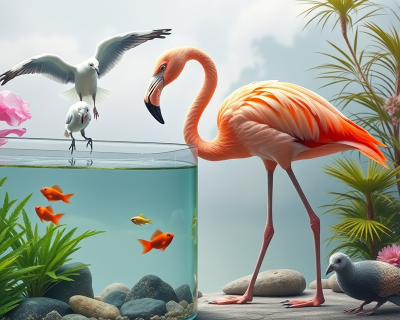 flamingo, seagull, fish tank, anteater, dove, tuxedo